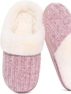 Women's Chenille Knit Fuzzy Slippers Memory Foam Warm House Shoes